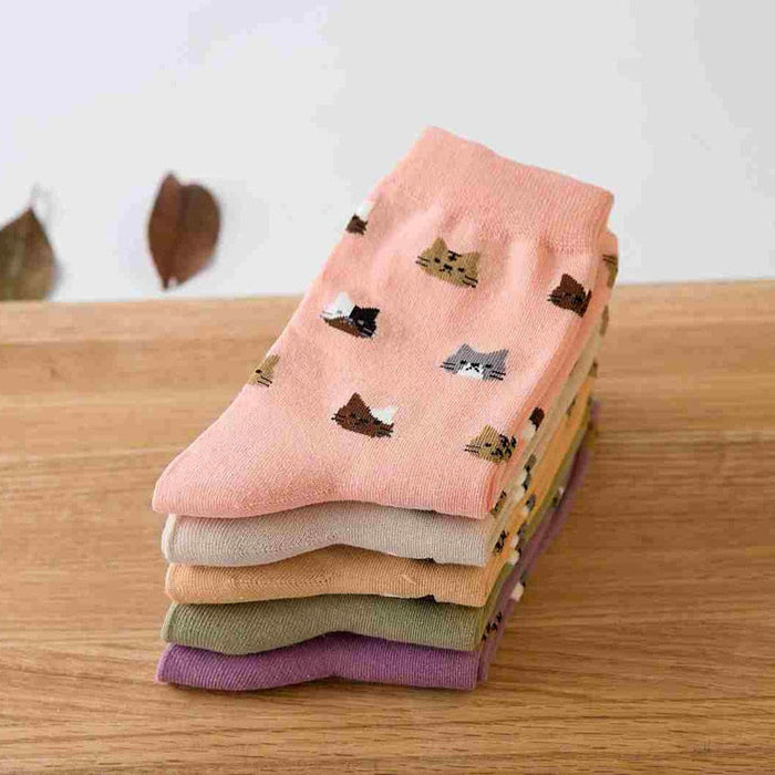 Anysox 5 Pairs Size 5-9 Fashion Socks Thick Warm Cotton Cute Cartoon Cat Animal Ankle Short Casual for Ladies Girls Christmas Gifts Green