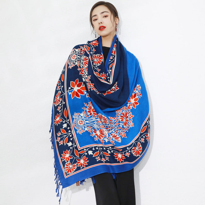 Anyyou 100% Merino Wool Royal Blue Garden Neck Wrap Silk Satin Large Winter Scarf Pashmina Shawl Bandana Perfect For Women Ladies Fashion Style