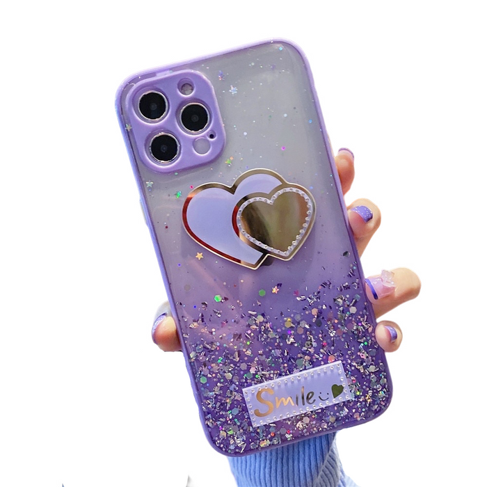 Anymob iPhone Case Purple Love Heart Mirror Sequins Glitter Soft Silicone Cover