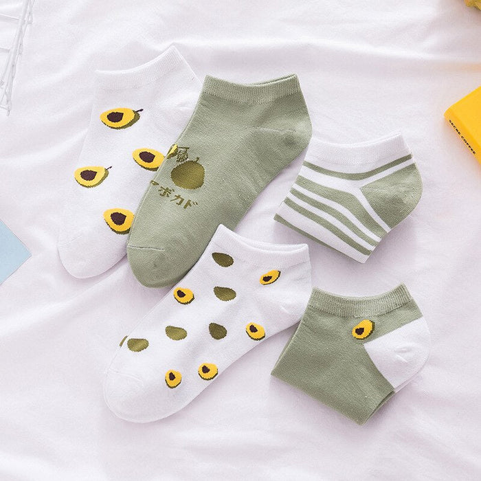 Anysox 5 Pairs One Size 5-9 Mix Avocado Liner Cotton And Spandex Socks With Fruit Creative Design Brand Perfect for Women