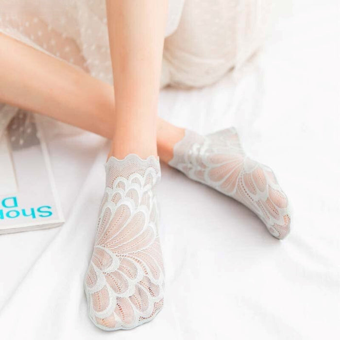 Anysox 5 Pairs One Size 4-5 Off White Fashion Summer Socks With Style Lace Peacock Flower Short Ankle Socks For Women