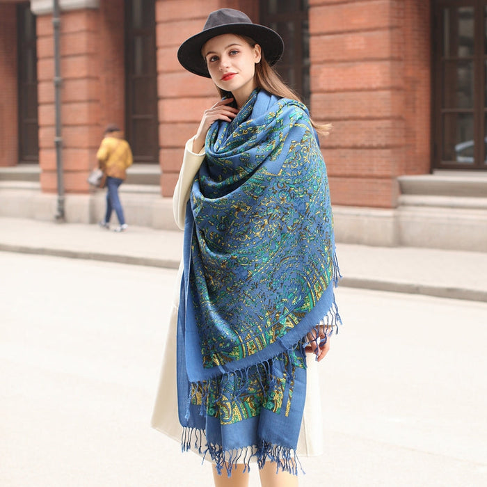 Anyyou 100% Merino Wool French Blue  Silk Satin Large Winter Scarf Pashmina Shawl Bandana Perfect For Women Ladies Fashion Style