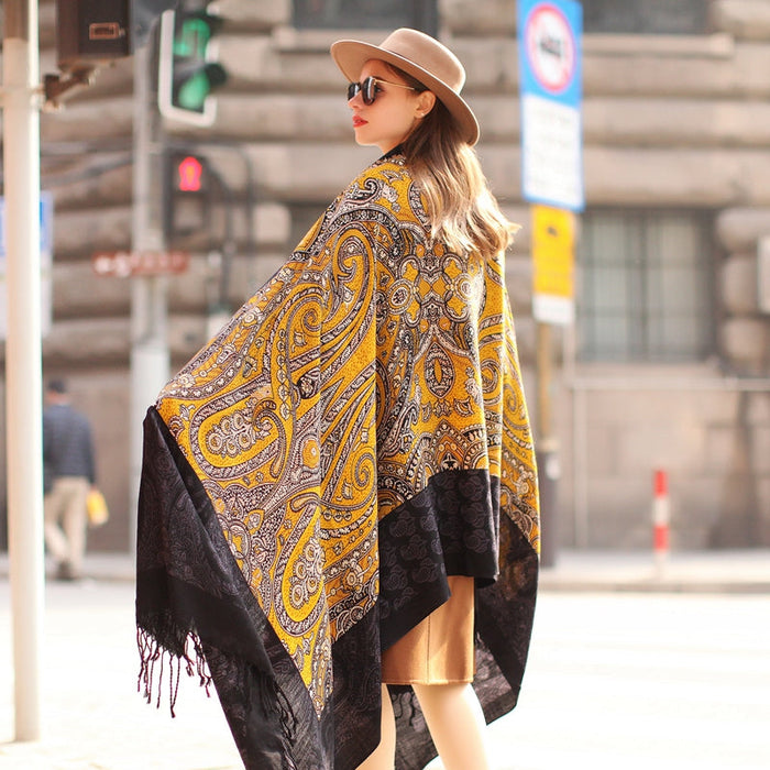 Anyyou 100% Merino Wool Black-Yellow  Silk Satin Large Winter Scarf Pashmina Shawl Bandana Perfect For Women Ladies Fashion Style