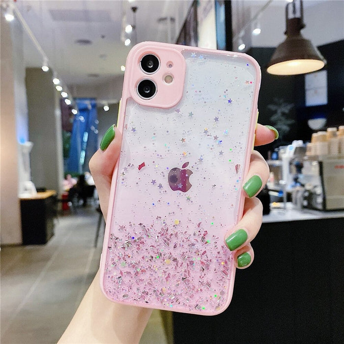 Anymob iPhone Case Pink Luxury Glitter Sequins Camera Protection Silicone For 13 11 12 Pro Max XR XS Max 7 8 Plus SE 2020