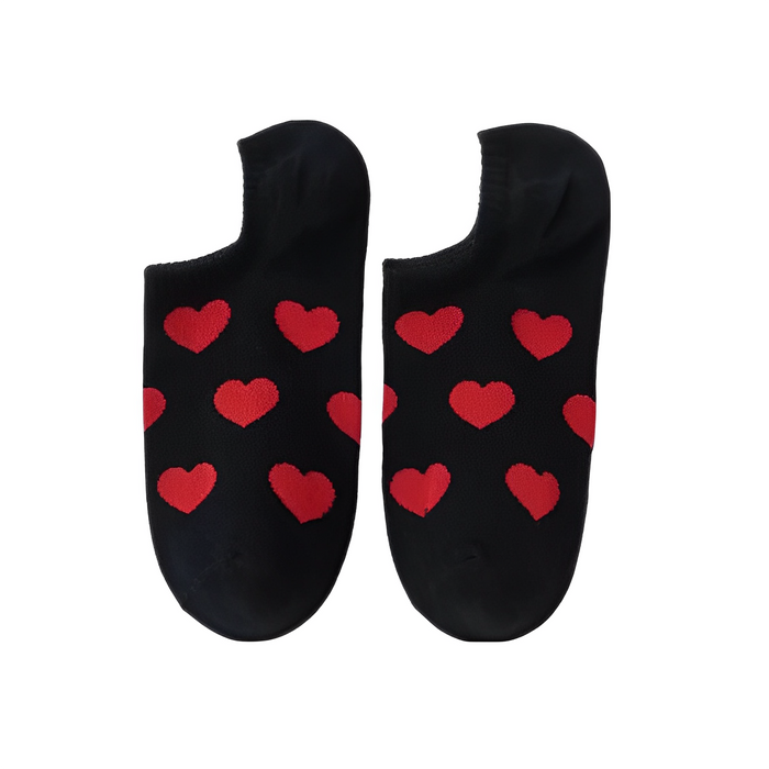 Anysox 5 Pairs Size 36-39 Black with Red Hearts Fashion Socks High Quality Breathable Cotton Foor Wear for Ladies