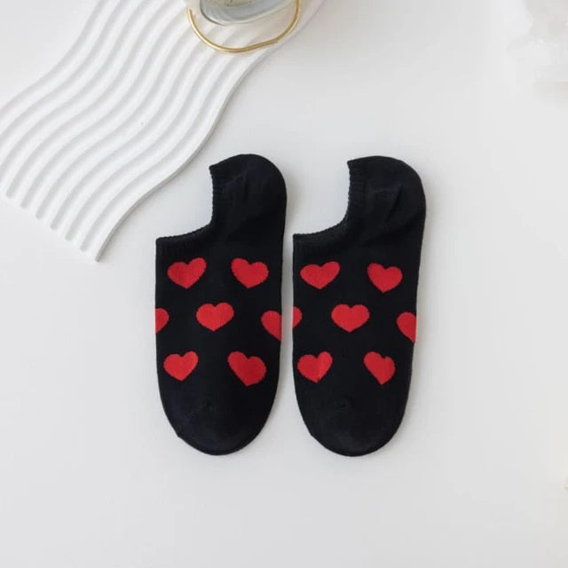 Anysox 5 Pairs Size 36-39 Black with Red Hearts Fashion Socks High Quality Breathable Cotton Foor Wear for Ladies