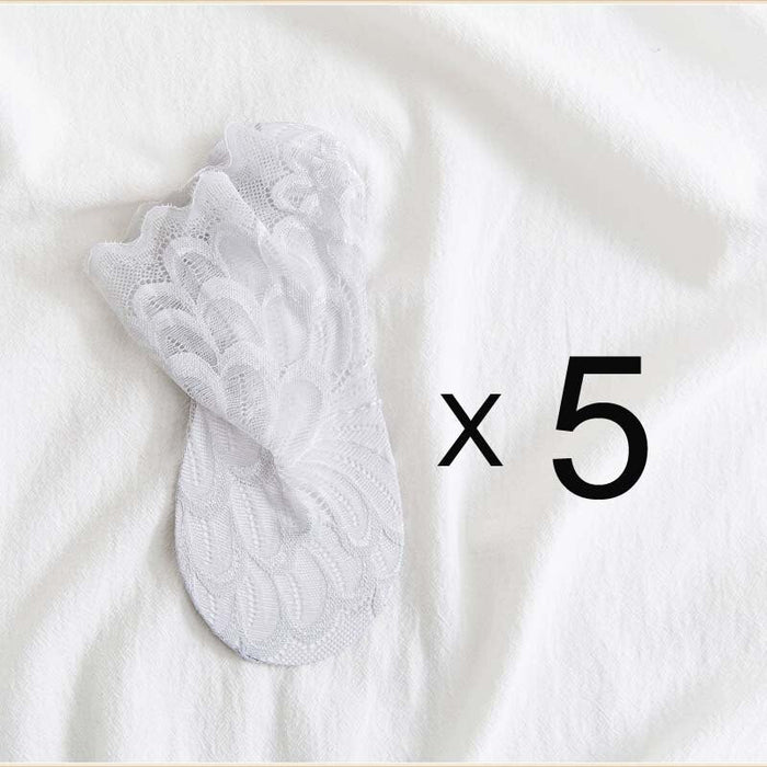 Anysox 5 Pairs One Size 4-5 Off White Fashion Summer Socks With Style Lace Peacock Flower Short Ankle Socks For Women