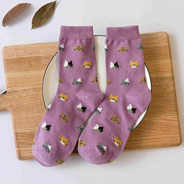 Anysox 5 Pairs Size 5-9 Fashion Socks Thick Warm Cotton Cute Cartoon Cat Animal Ankle Short Casual for Ladies Girls Christmas Gifts Purple