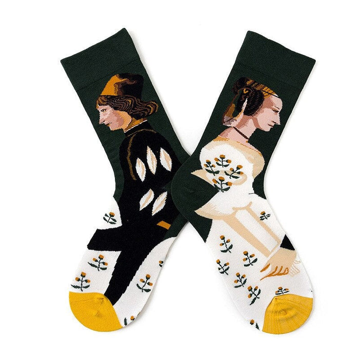 Anysox 5 Pairs Size 5-9 Fashion Socks Combed Cotton Art Abstract King and Queen Oil Painting Novelty Happy Funny Christmas Gift for Women