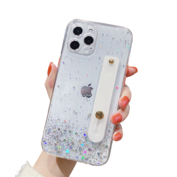 Anymob iPhone Case Transparent Sequins Glitter Wrist Band Clear With Stand Holder Back Cover