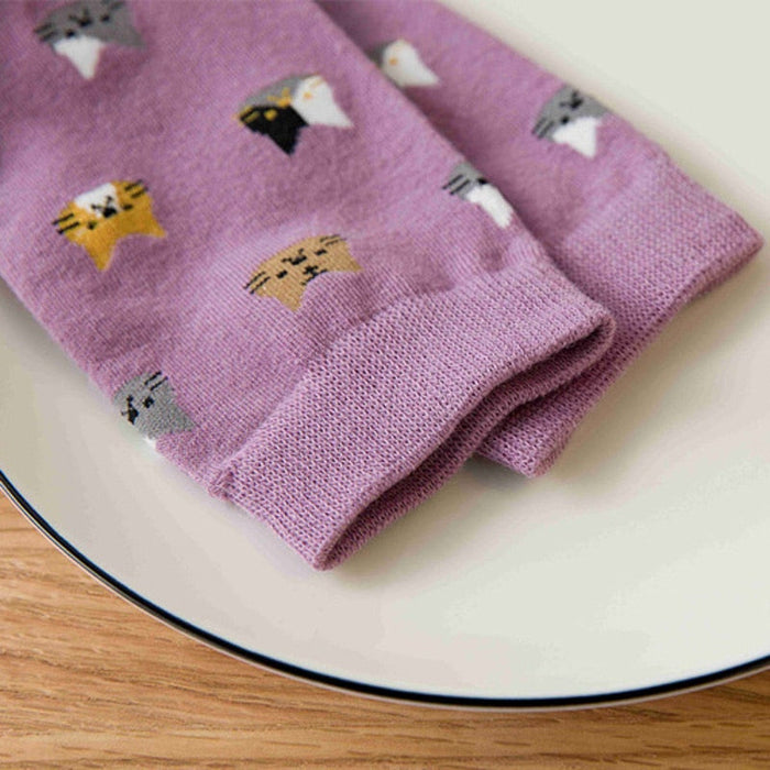 Anysox 5 Pairs Size 5-9 Fashion Socks Thick Warm Cotton Cute Cartoon Cat Animal Ankle Short Casual for Ladies Girls Christmas Gifts Purple