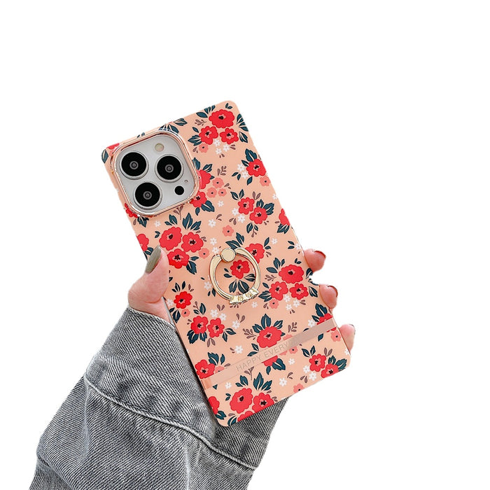Anymob iPhone Case Pink Ring Holder Flowers Square Design Soft Silicon Stand Phone Cover
