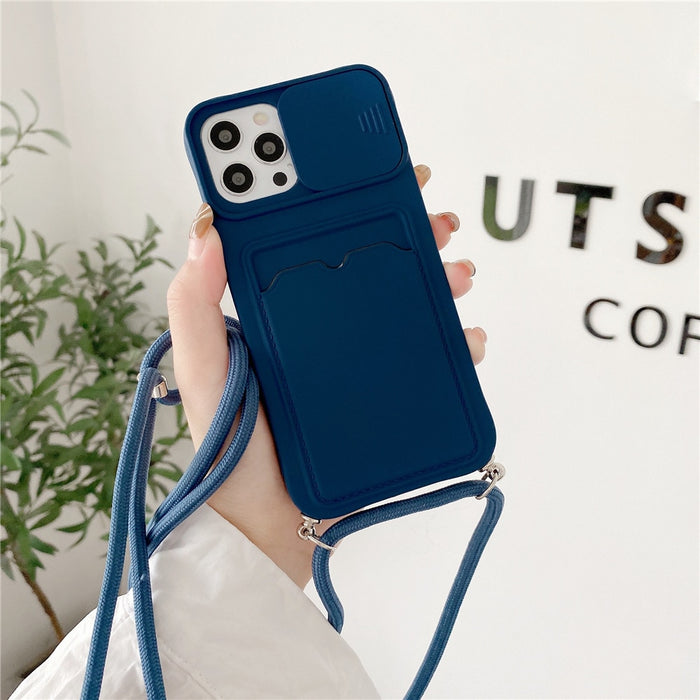 Anymob iPhone Case Blue Crossbody Camera Lens Protect Wallet Card Necklace Lanyard Cover