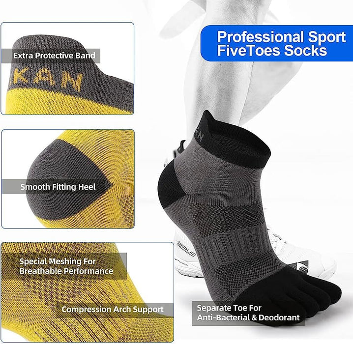 Anysox 5 Pairs One Size 36-42 Yellow Men's Socks Cotton Breathable Sports Sweat Absorption Five-toe Anti-friction Back Short Tube