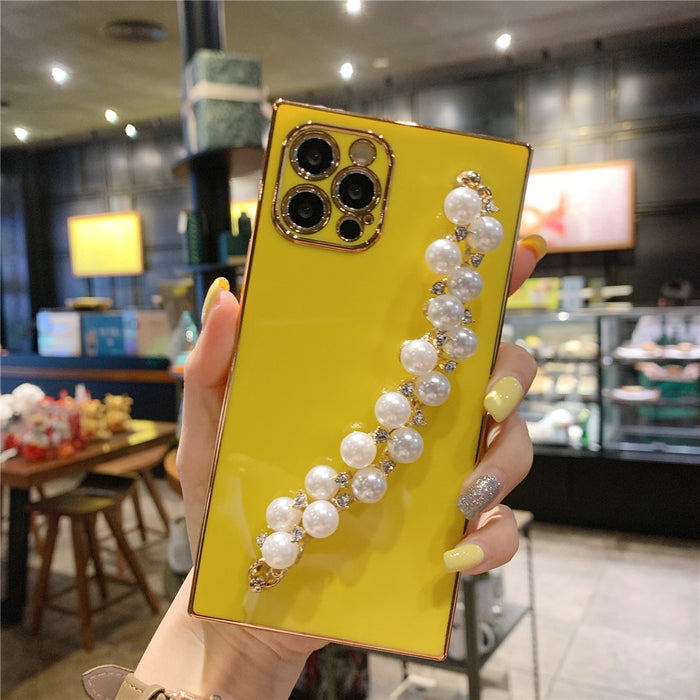 Anymob iPhone Case Yellow Pearl Diamond Bracelet Square Plating Soft Chain Back Cover