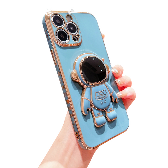 Anymob iPhone Case Sky Blue Plating Astronaut Stand Holder Lens Protection Heart Pattern Cover