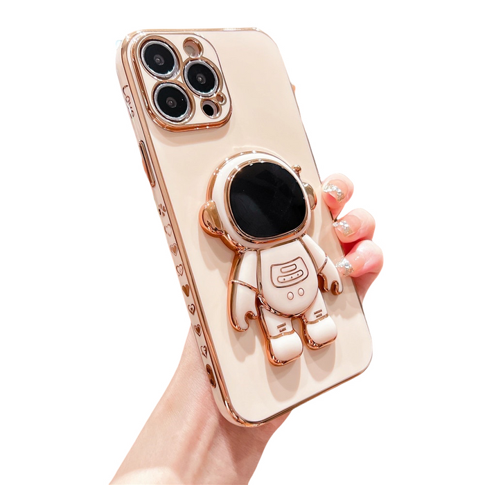 Anymob iPhone Case Peach Plating Astronaut Stand Holder Lens Protection Heart Pattern Cover