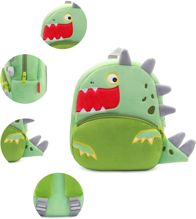 Anykidz 3D Green Big Mouth Dinosaur Kids School Backpack Cute Cartoon Animal Style Children Toddler Plush Bag Perfect Accessories For Boys and Girls