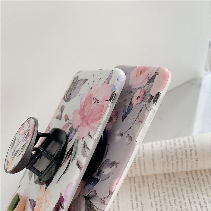 Anymob iPhone Gray Floral Ring Stand Case Back Cover Silicone Phone Cases