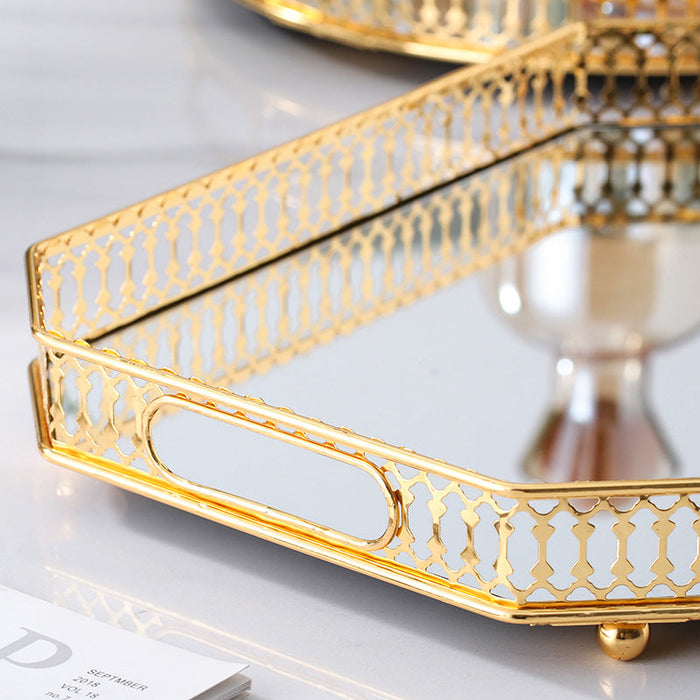 Anyhouz 29cm Gold Rectangle Glass Mirror Base Metal Vanity Food Serving Organisr Jewelry Cosmetics Storage Tray with Handle