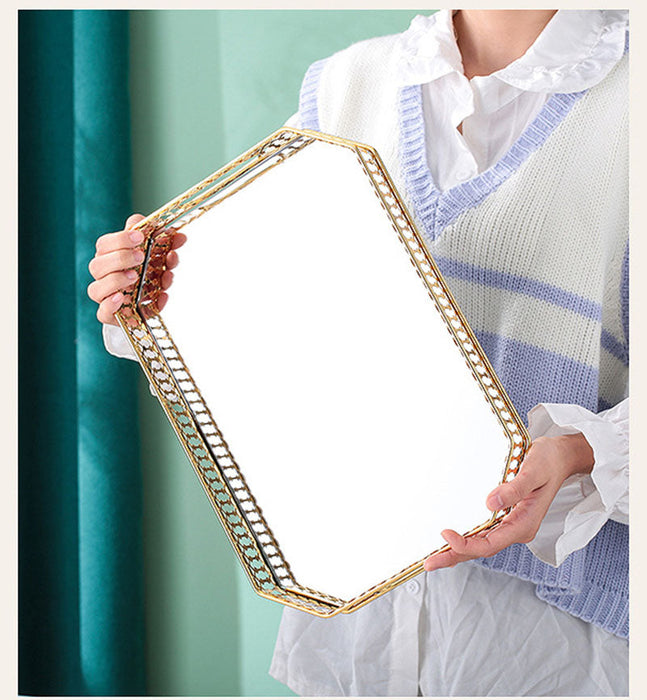 Anyhouz 29cm Gold Rectangle Glass Mirror Base Metal Vanity Food Serving Organisr Jewelry Cosmetics Storage Tray with Handle