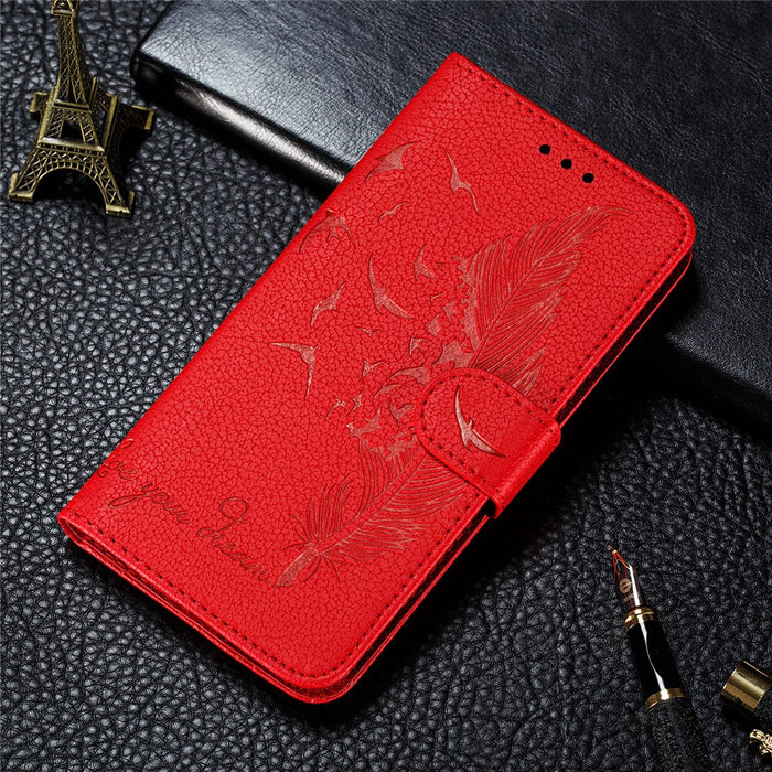 Anymob Huawei Case Red 3D Feather Embossed Leather Flip Cover
