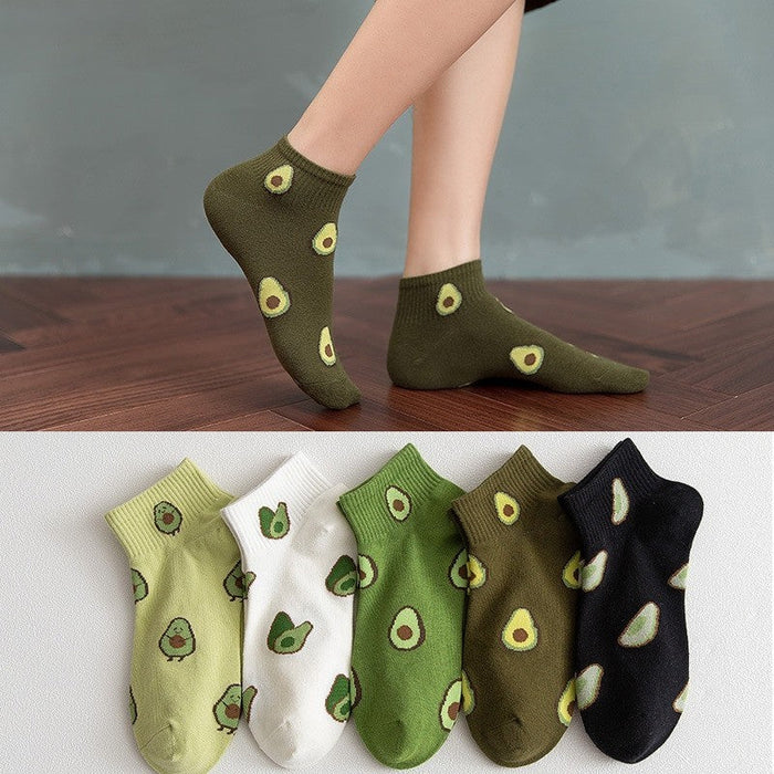 Anysox 5 Pairs One Size 5-9 Brwon Spring Summer Cotton Avocado Breathable School Girl For Female Ankle Socks