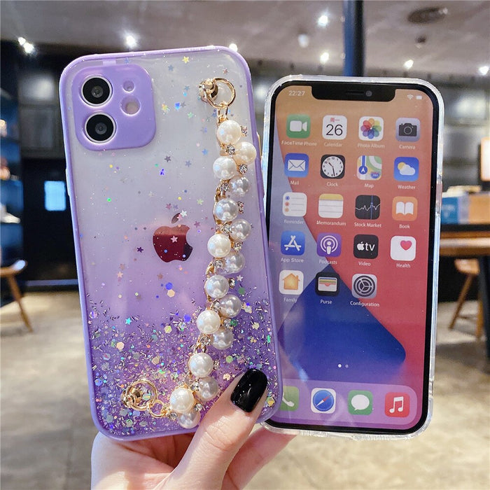 Anymob iPhone Case Purple Pearl Bracelet Glitter Shockproof Camera Protection Cover