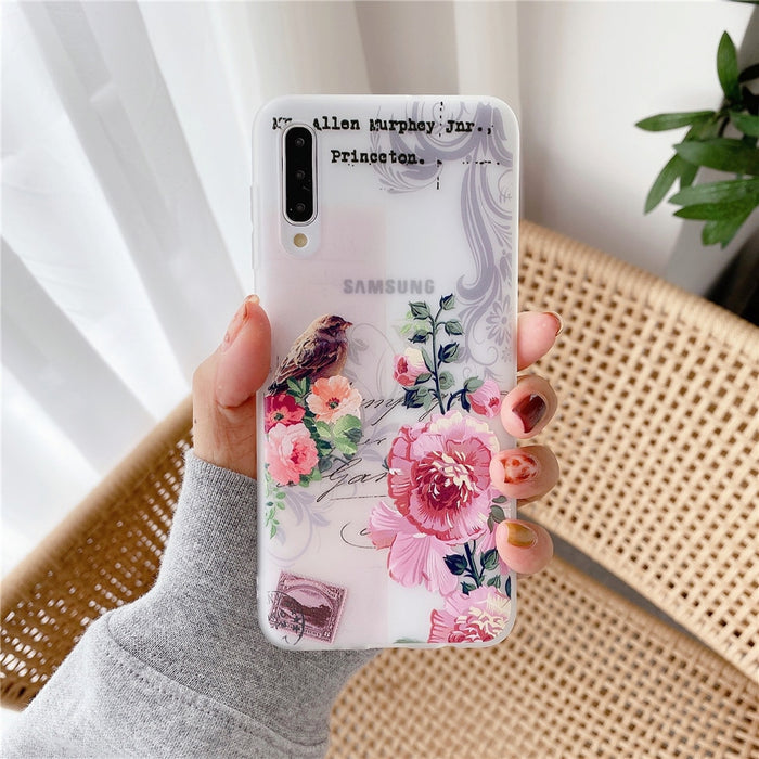 Anymob Samsung Case Pink Flower Vintage Relief Flower Phone Matte Soft Silicone Back Cover