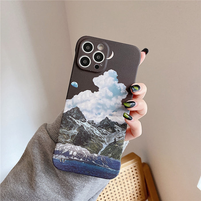 Anymob iPhone Case Blue and White Ink Painting Mountain Peak Liquid Texture Plastic Cover Rimless