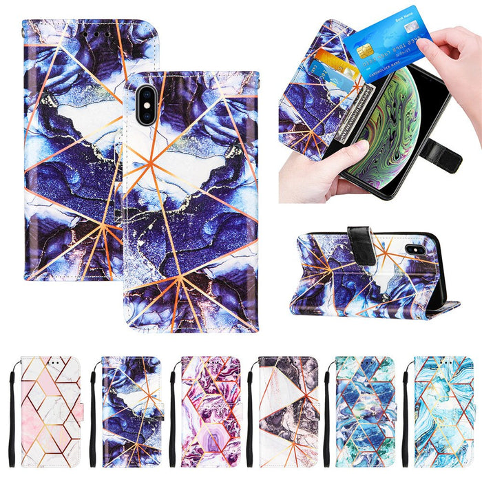 Anymob Samsung Dark Blue Geometric Marble Leather Case Flip Wallet Magnetic Phone Cover