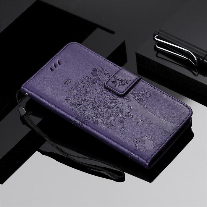 Anymob Samsung Dark Violet Tree Cat Leather Flip Case Wallet Phone Cover Protection