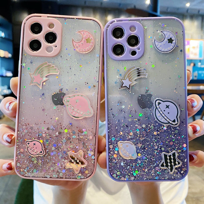 Anymob iPhone Case White Cartoon Planet Glitter Soft Silicon Cover