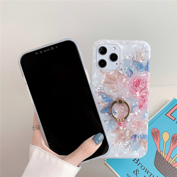 Anymob iPhone Brown Rose Shell Pattern Flowers Phone Cover With Ring Holder