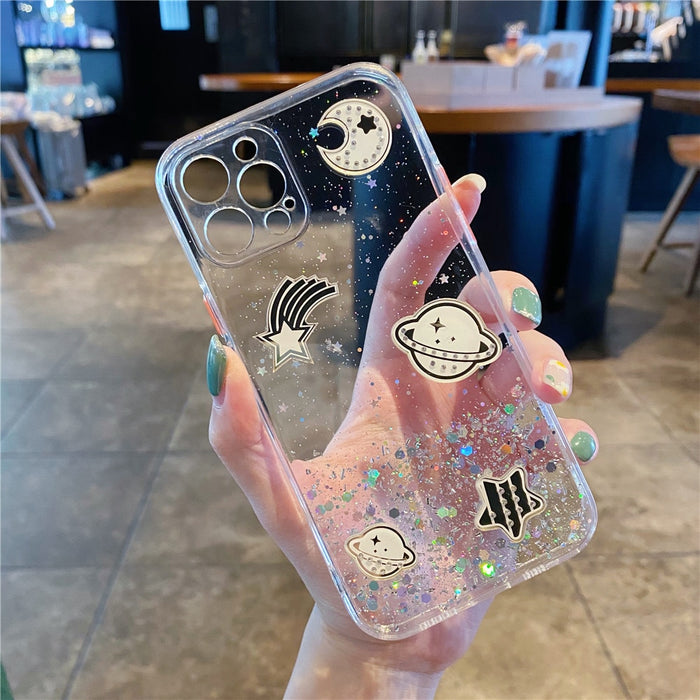 Anymob iPhone Case White Cartoon Planet Glitter Soft Silicon Cover