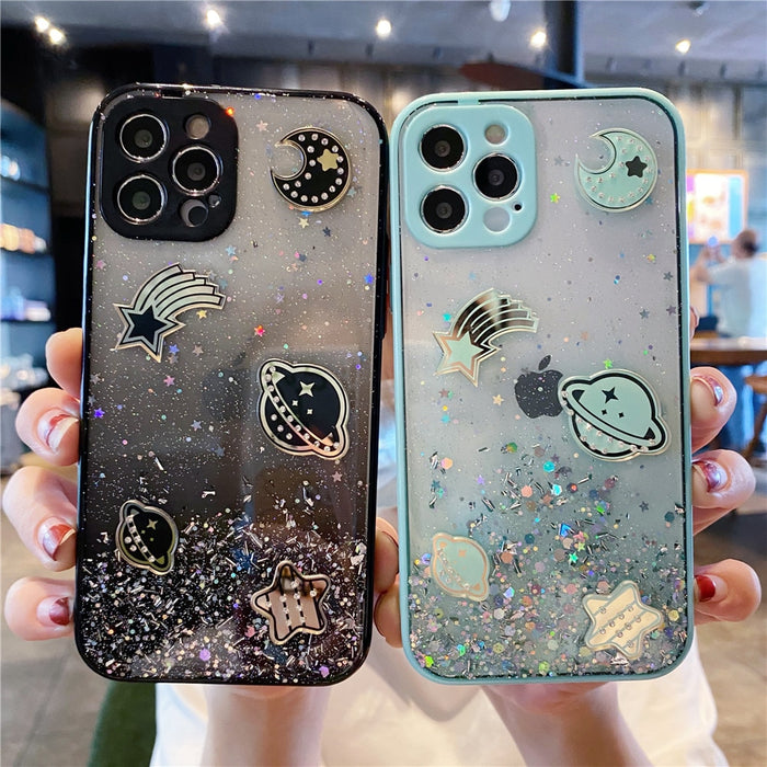 Anymob iPhone Case White Cartoon Planet Glitter Soft Silicon Cover