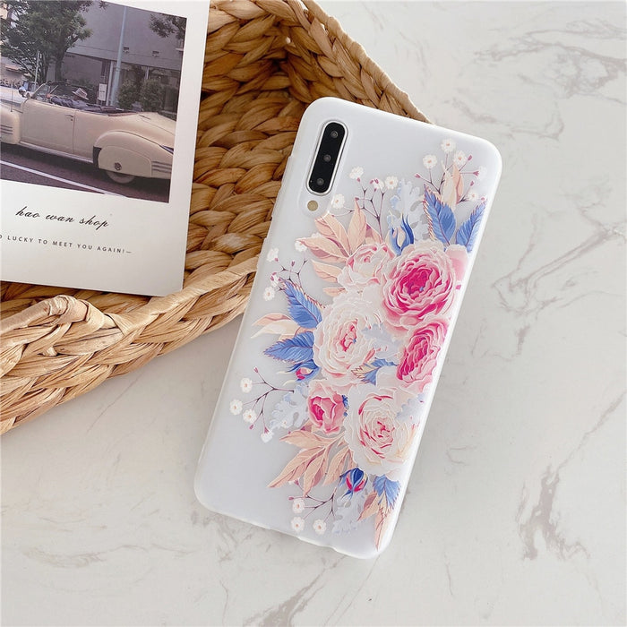 Anymob Samsung Case Pink Flower Vintage Relief Flower Phone Matte Soft Silicone Back Cover