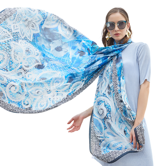 Anyyou 100% Mulberry Silk Sky Blue Long Scarf Luxury Brand Women Beach Shawl Wear Swimwear Pashimina Face Shield Foulard