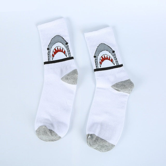 Anysox 5 Pairs Size 4-9 White Sports Socks Long Casual Shark Print Hip-hop breathable Unisex Skateboard Knitted Casual Sports Fashion