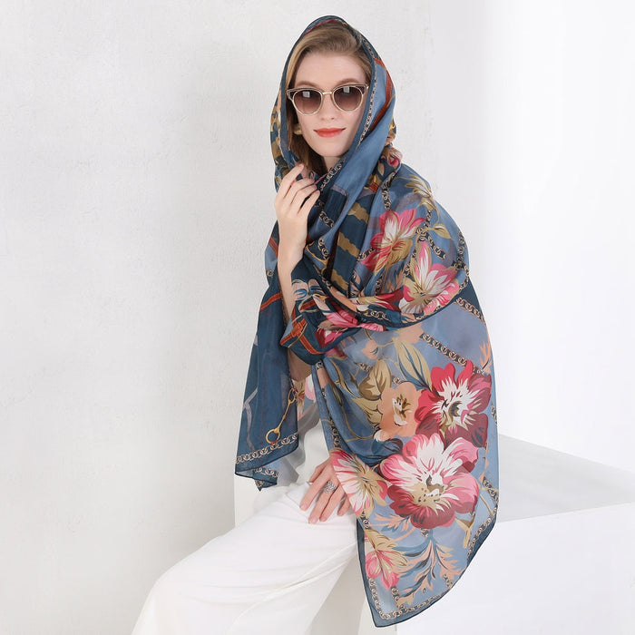 Anyyou 100% Mulberry Silk Spruce Blue Long Scarf Luxury Brand Women Beach Shawl Wear Swimwear Pashimina Face Shield Foulard