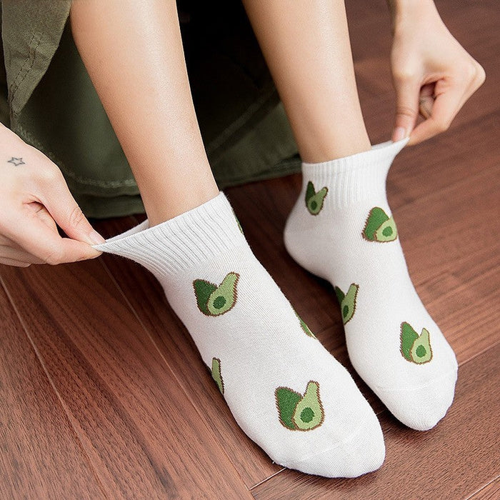 Anysox 5 Pairs One Size 5-9 Green Spring Summer Cotton Avocado Breathable School Girl For Female Ankle Socks