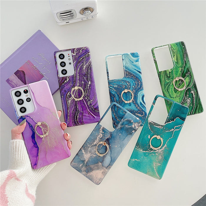 Anymob Samsung Green Silicon Case Glitter Marble Finger Ring Bracket Holder Phone Cover