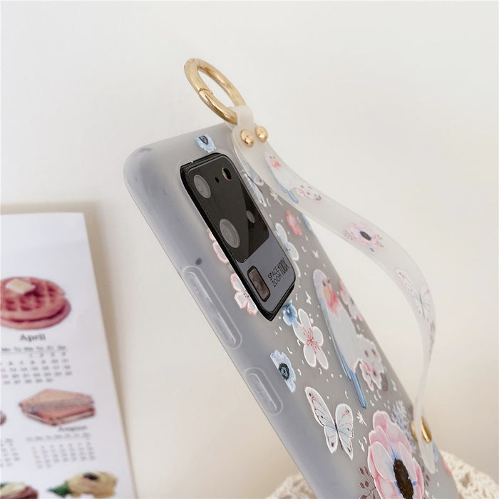 Anymob Samsung White Flower Soft Silicon Wrist Strap Case Bag Shell Cover