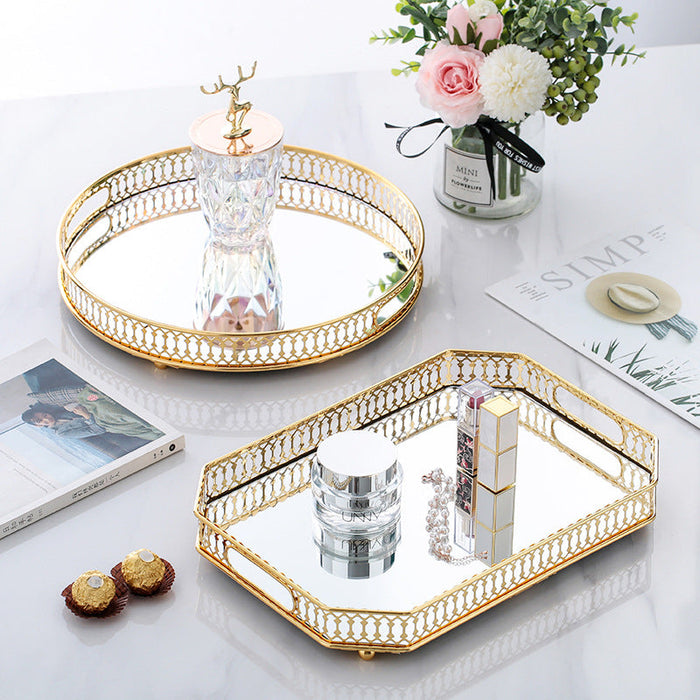 Anyhouz 29cm Gold Rectangle Glass Mirror Base Metal Vanity Food Serving Organisr Jewelry Cosmetics Storage Tray with Handle