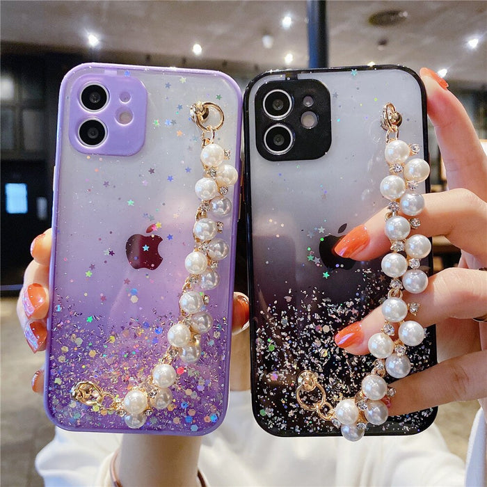 Anymob iPhone Case Purple Pearl Bracelet Glitter Shockproof Camera Protection Cover