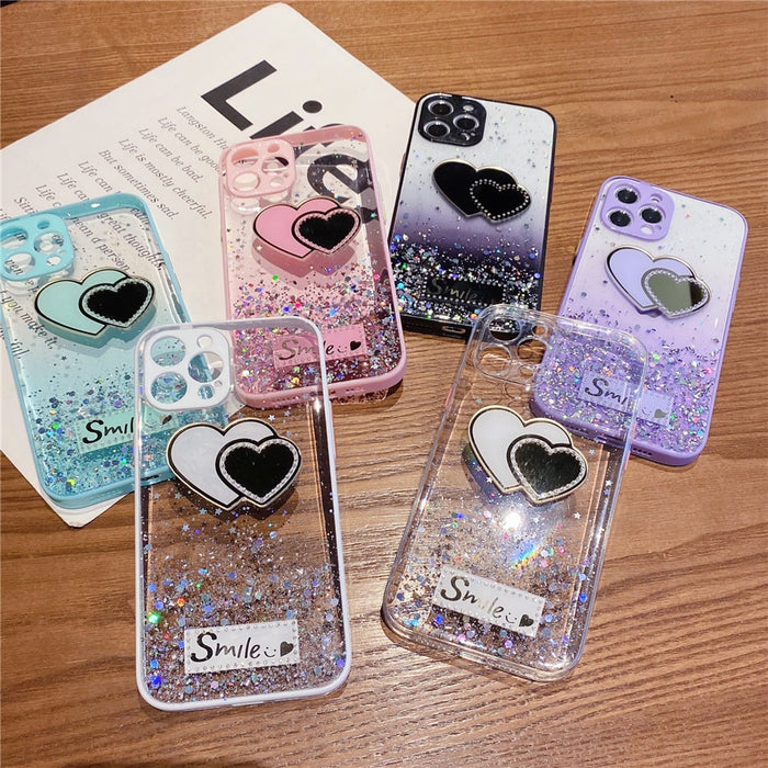 Anymob iPhone Case Purple Love Heart Mirror Sequins Glitter Soft Silicone Cover