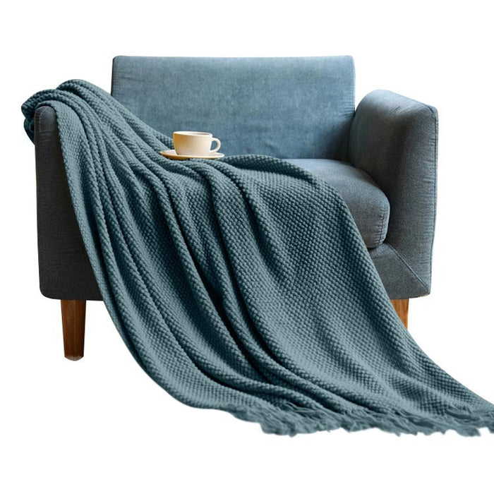 Anyhouz 127*172cm Morandi Blue Blanket Home Decorative Thickened Knitted Corn Grain Waffle Embossed Winter Warm Tassels Throw Bedspread