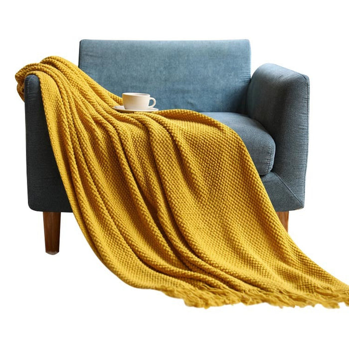 Anyhouz 130*230cm Yellow Blanket Home Decorative Thickened Knitted Corn Grain Waffle Embossed Winter Warm Tassels Throw Bedspread