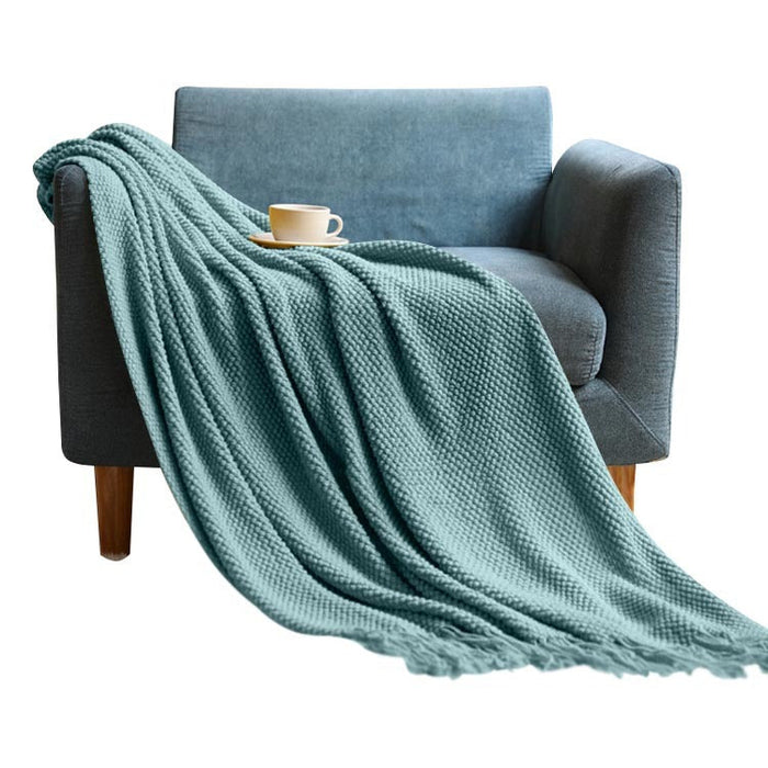 Anyhouz 127*172cm Light Green Blanket Home Decorative Thickened Knitted Corn Grain Waffle Embossed Winter Warm Tassels Throw Bedspread