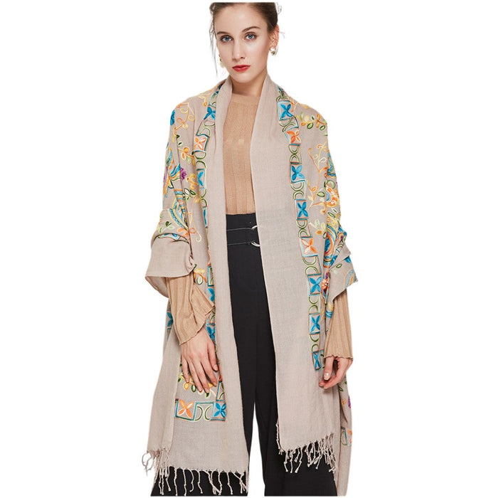 Anyyou 100% Pure Merino Wool Khaki Line Pattern Stylish Poncho Winter Large Scarf With Trendy Pashmina Shawl Bandana For Women Fashion Design